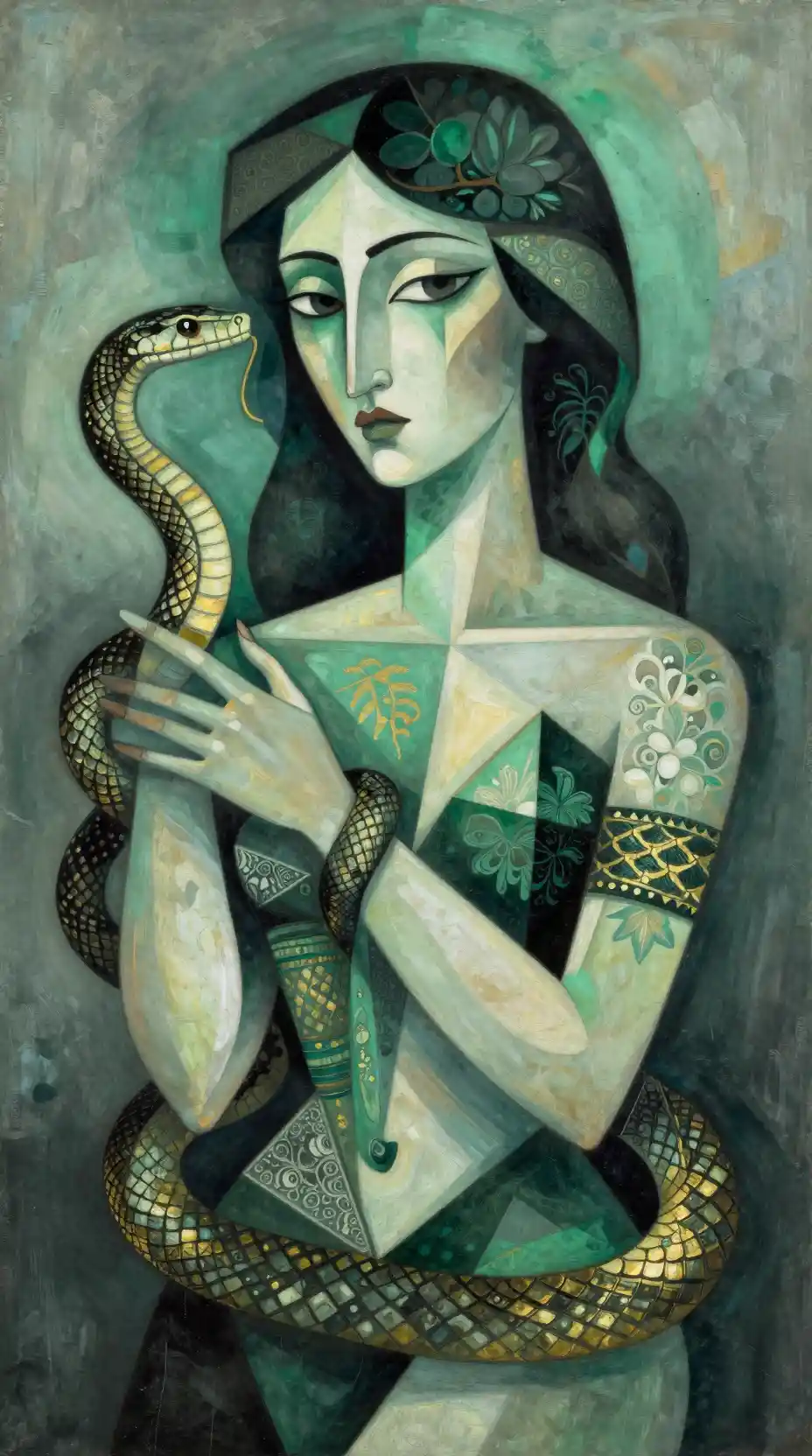 Abstract cubist woman with serpent in emerald and gold