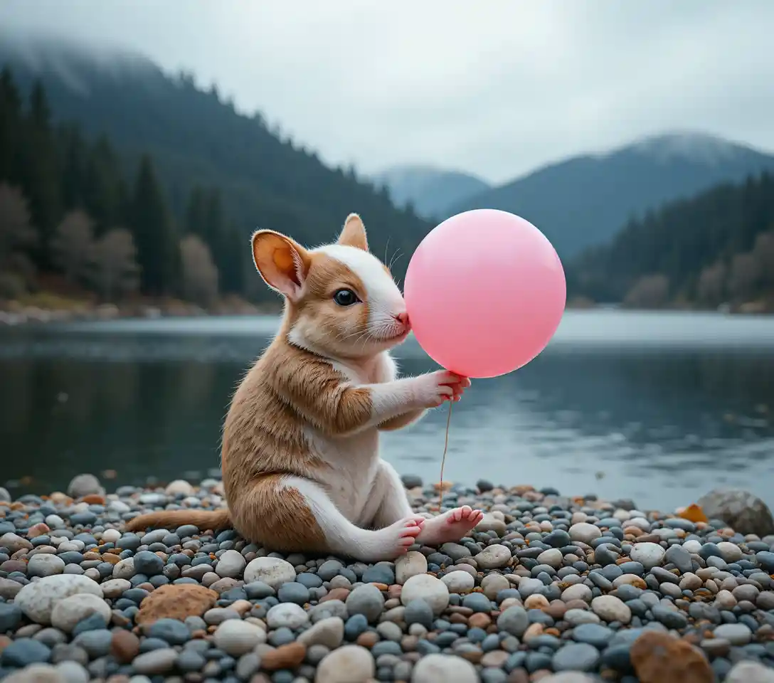 Erizo adorable sujetando un globo rosa junto a un lago tranquilo