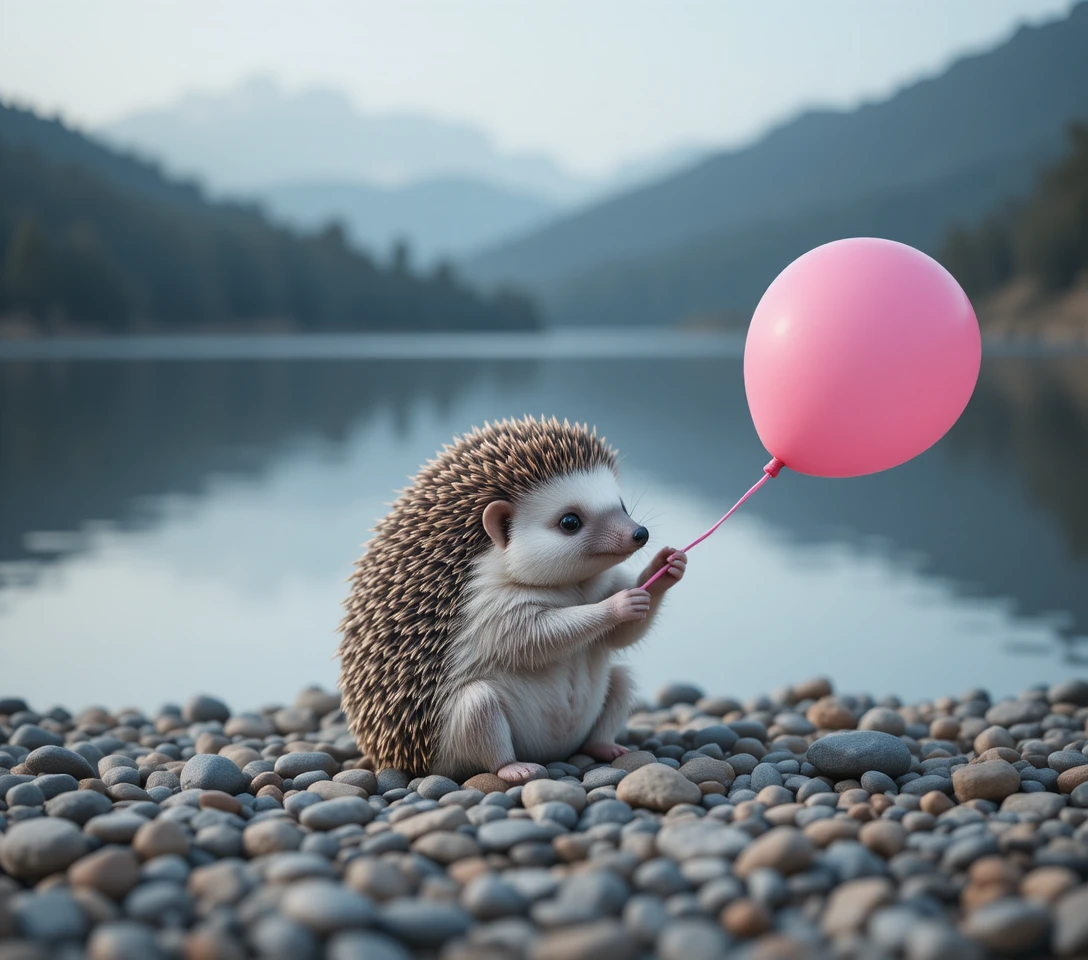 静かな湖畔でピンクの風船を持つかわいいハリネズミ