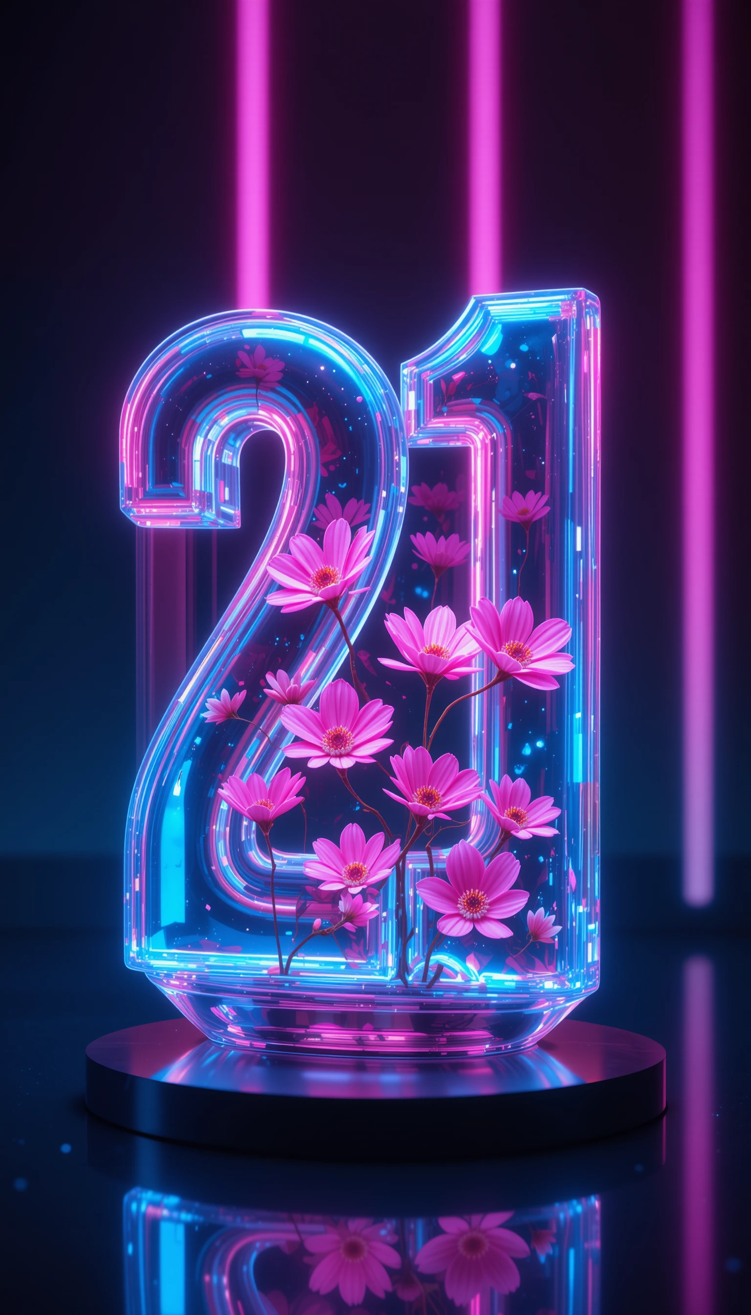 Glass Number 21 With Neon Flowers On Dark Reflective Surface