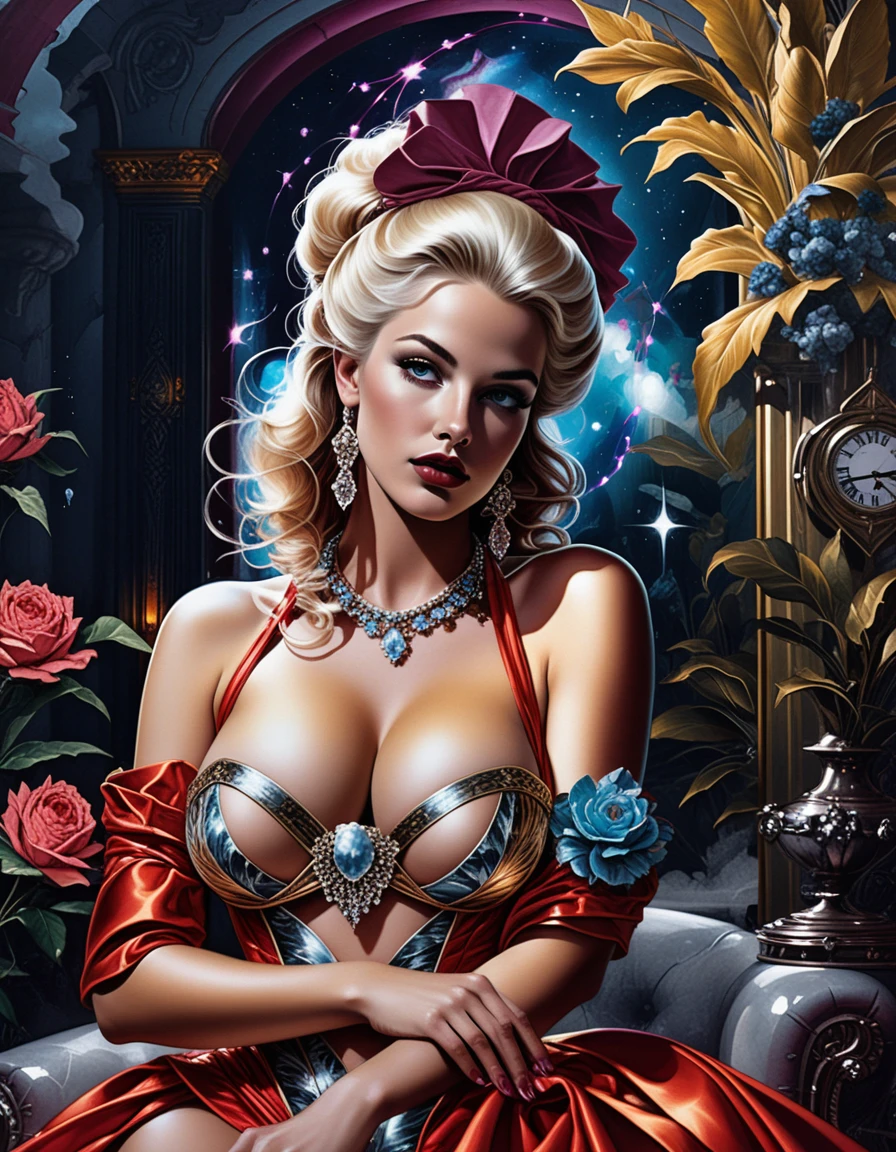 Glamorous fantasy woman in neon palace couture portrait