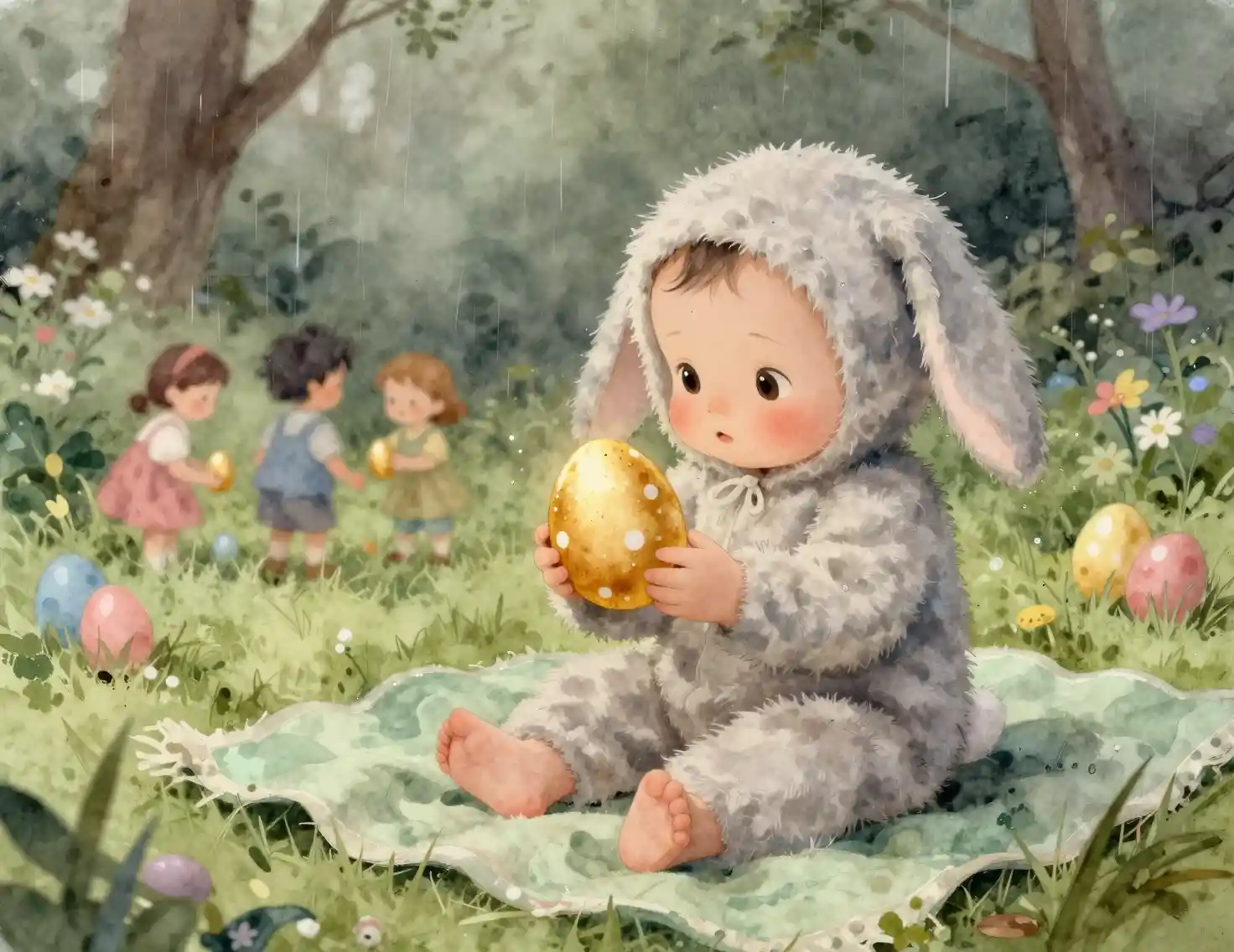 Baby in bunny suit holding golden egg on green blanket