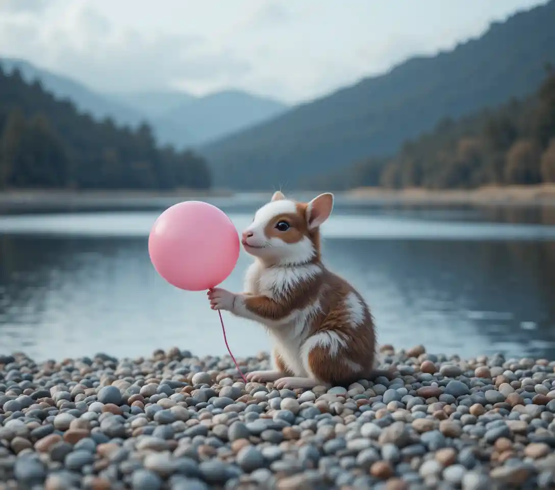 静かな湖畔でピンクの風船を持つかわいいハリネズミ