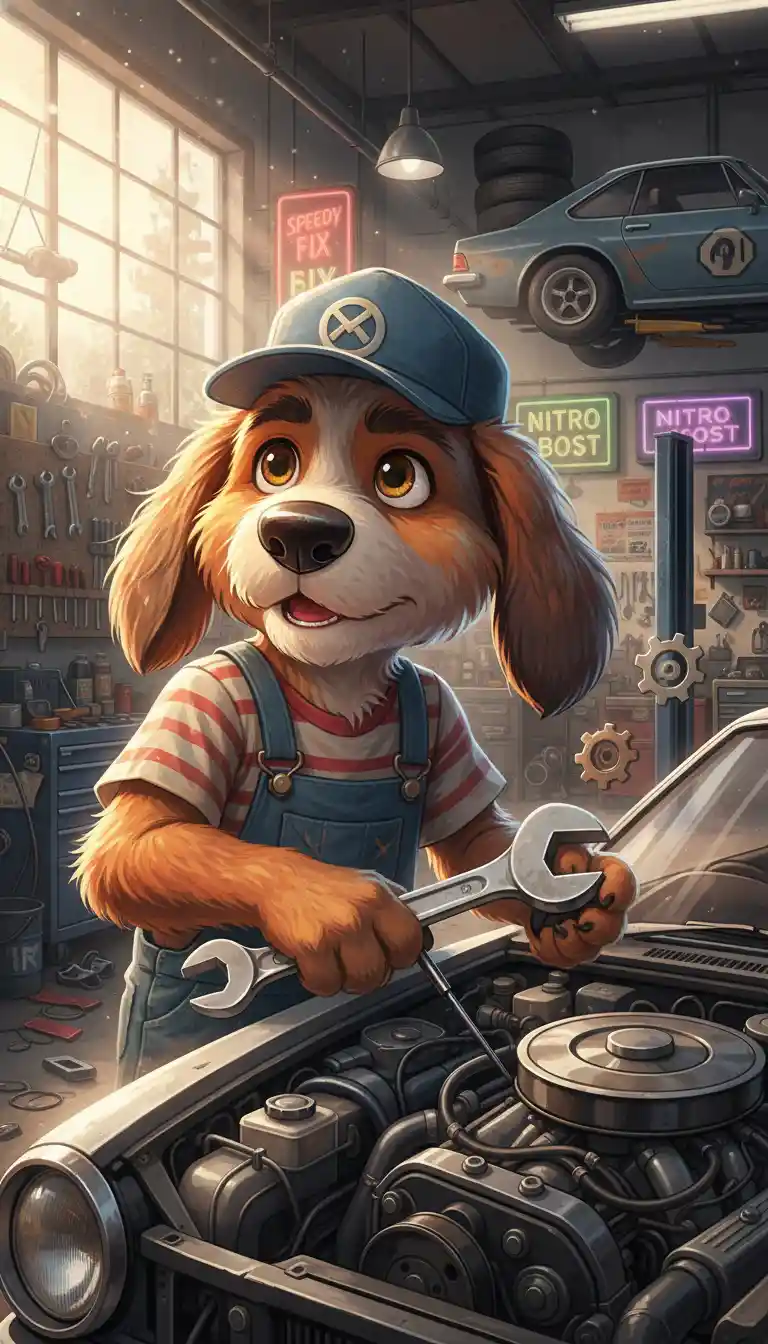 Cartoon-Mechanikerhund arbeitet an einem Auto in der Werkstatt