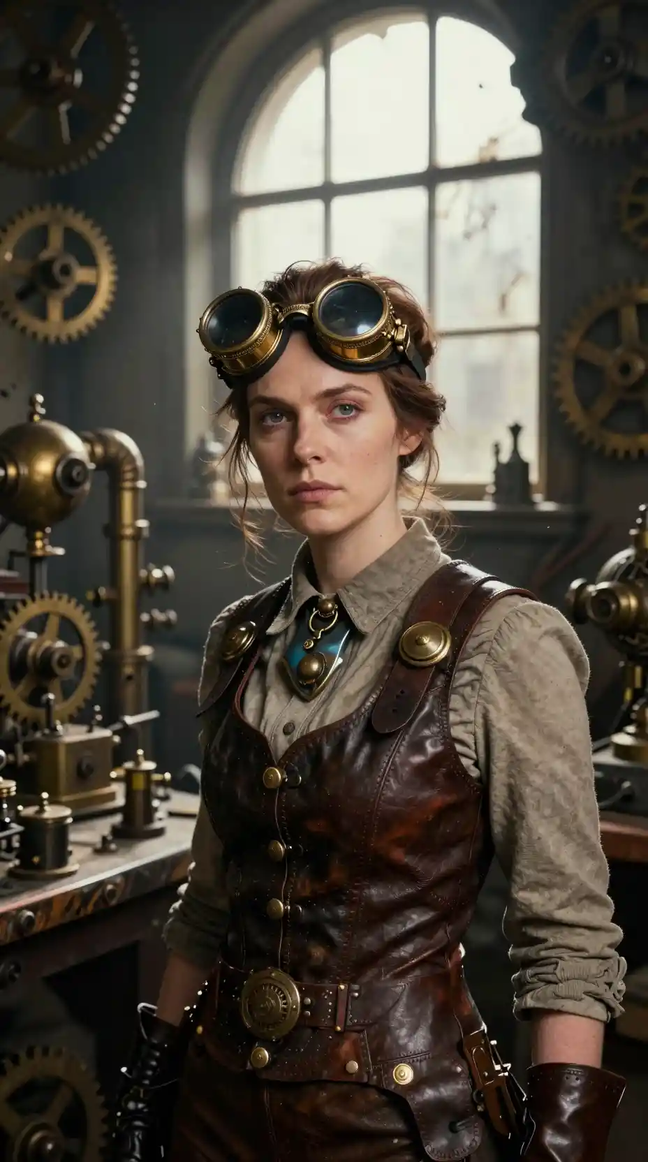 Stoic woman with steampunk goggles in a Victorian workshop