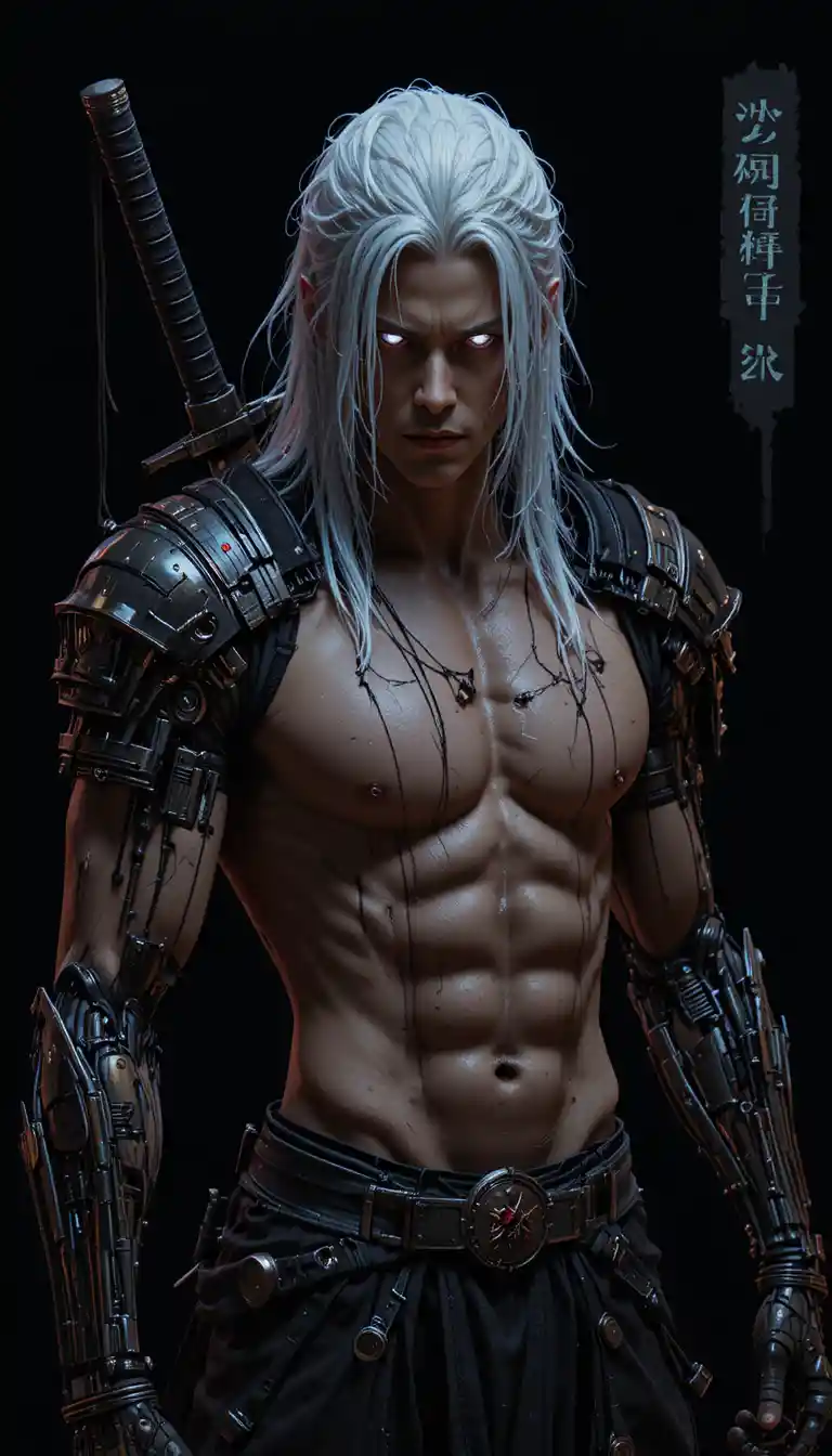 Cyberpunk-Cyborg-Krieger mit Katana und leuchtenden Augen