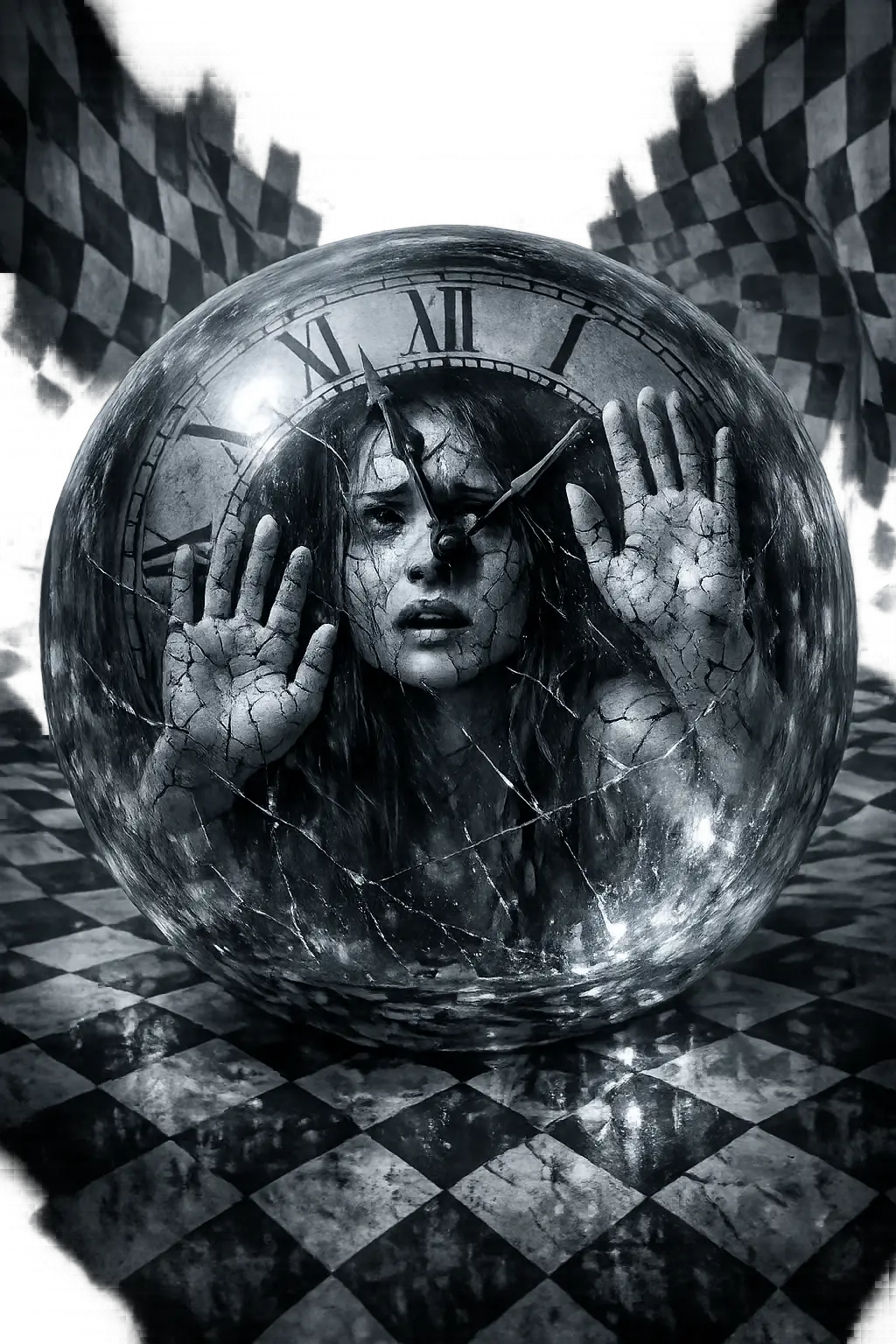 Woman Enclosed In Transparent Clock Sphere Over Checkerboard World