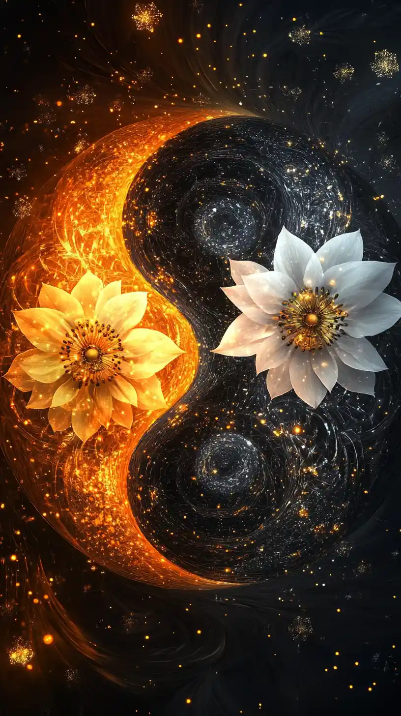 Symmetrical yin yang with floral details and glowing particles