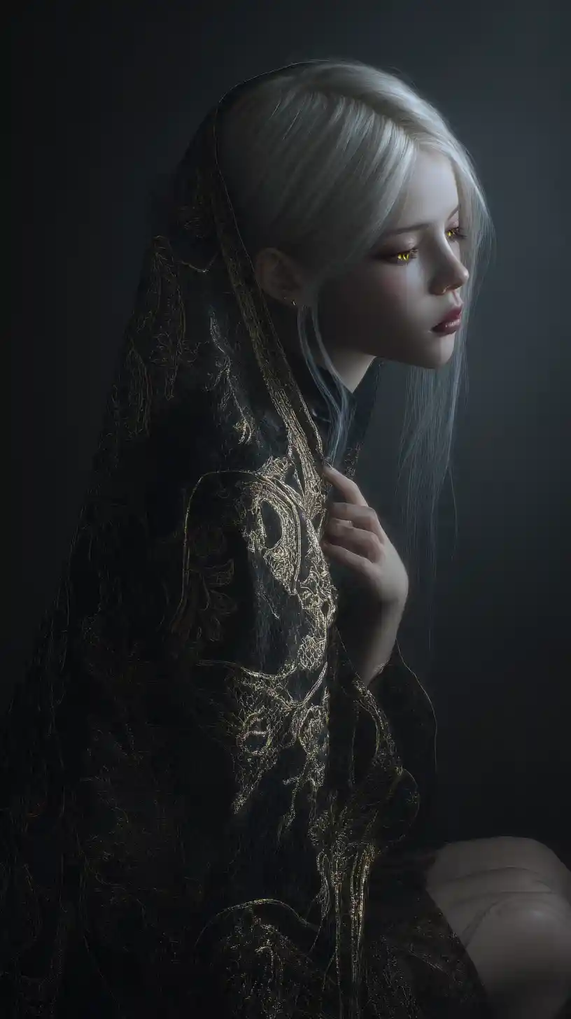 Melancholic winged girl wrapped in a dark cocoon