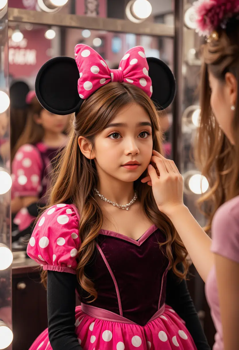 Menino usando vestido rosa da Minnie em provador de boutique