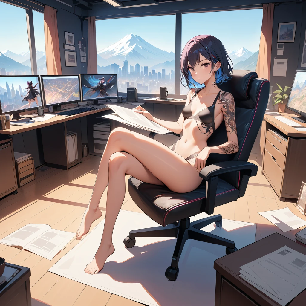 Femme d’affaires tatouée au bureau avec vue sur la ville et la montagne