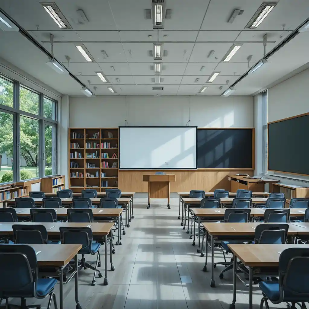Aula moderna con lavagna in vetro e sedute ergonomiche