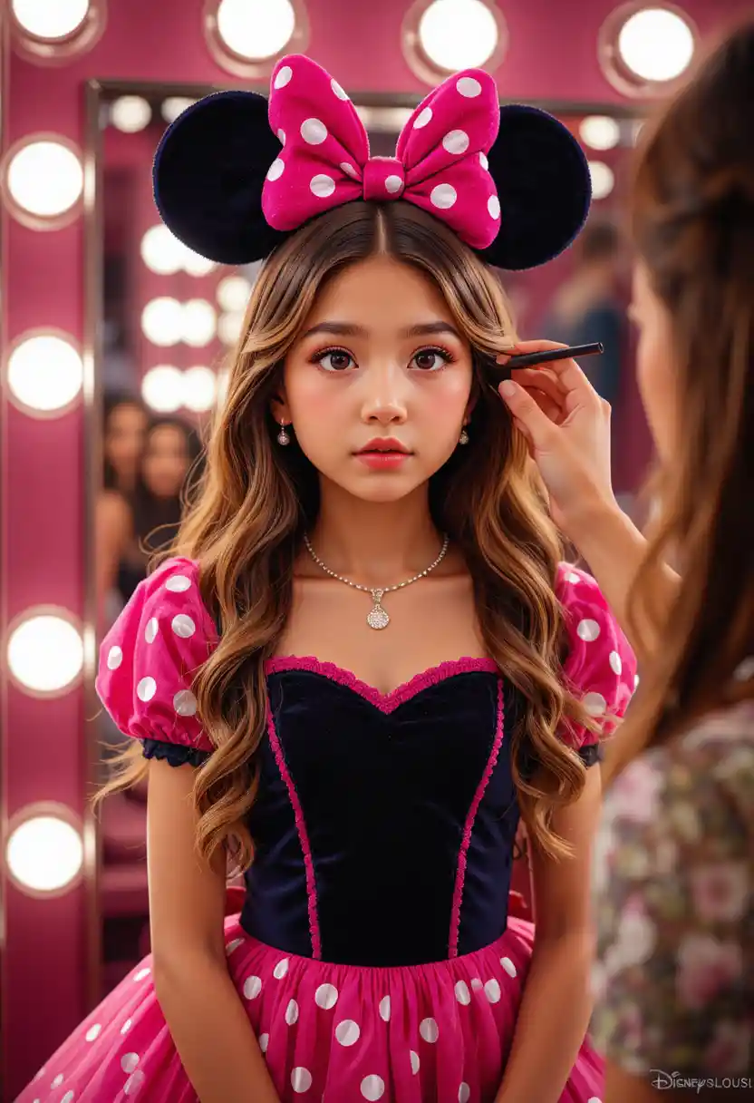 Menino com vestido da Minnie em frente ao espelho de maquiagem da boutique