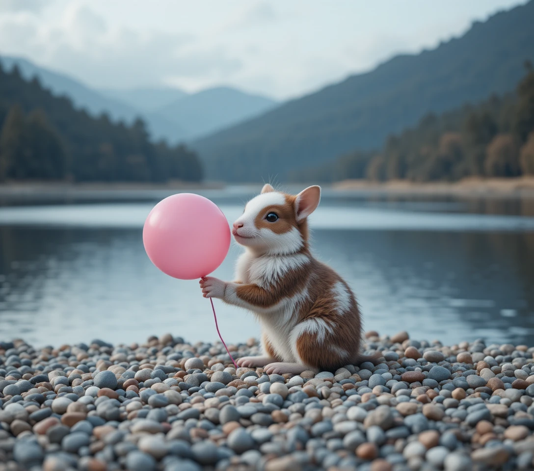 Cute hedgehog holding a pink balloon by a calm lakeside