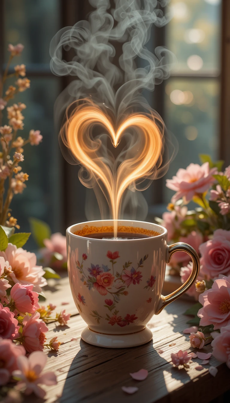 Dampende Kaffeetasse formt ein leuchtendes Herz über dem Tisch