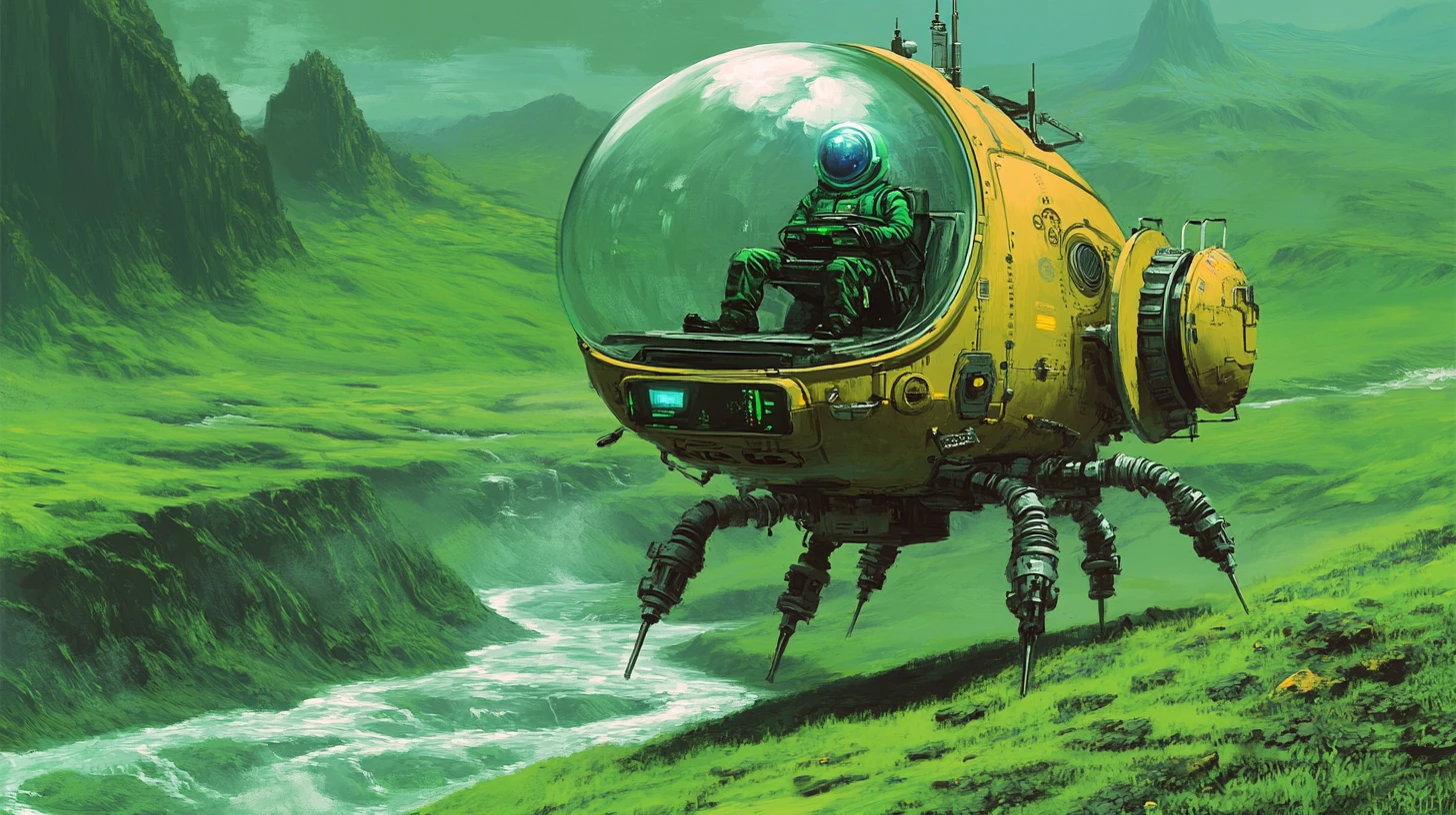 Small scout spaceship landing on a lush green alien world