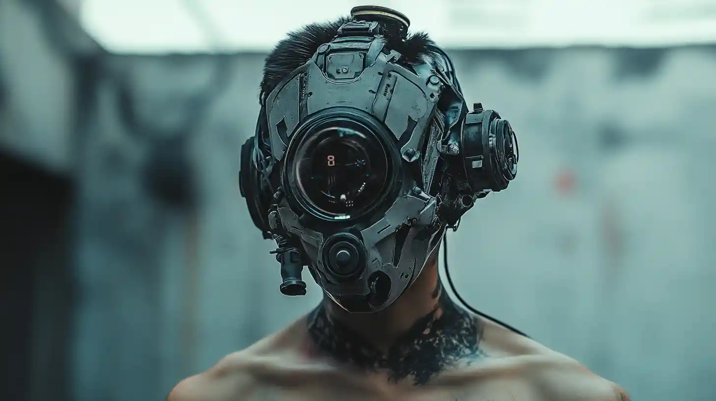 Weathered cyberpunk cyborg commander with mechanical torso