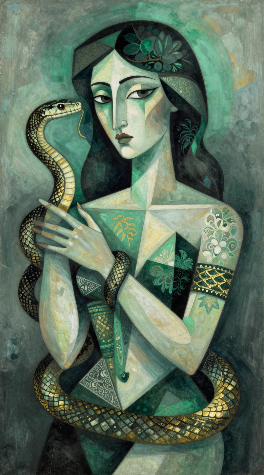 Abstract cubist woman with serpent in emerald and gold