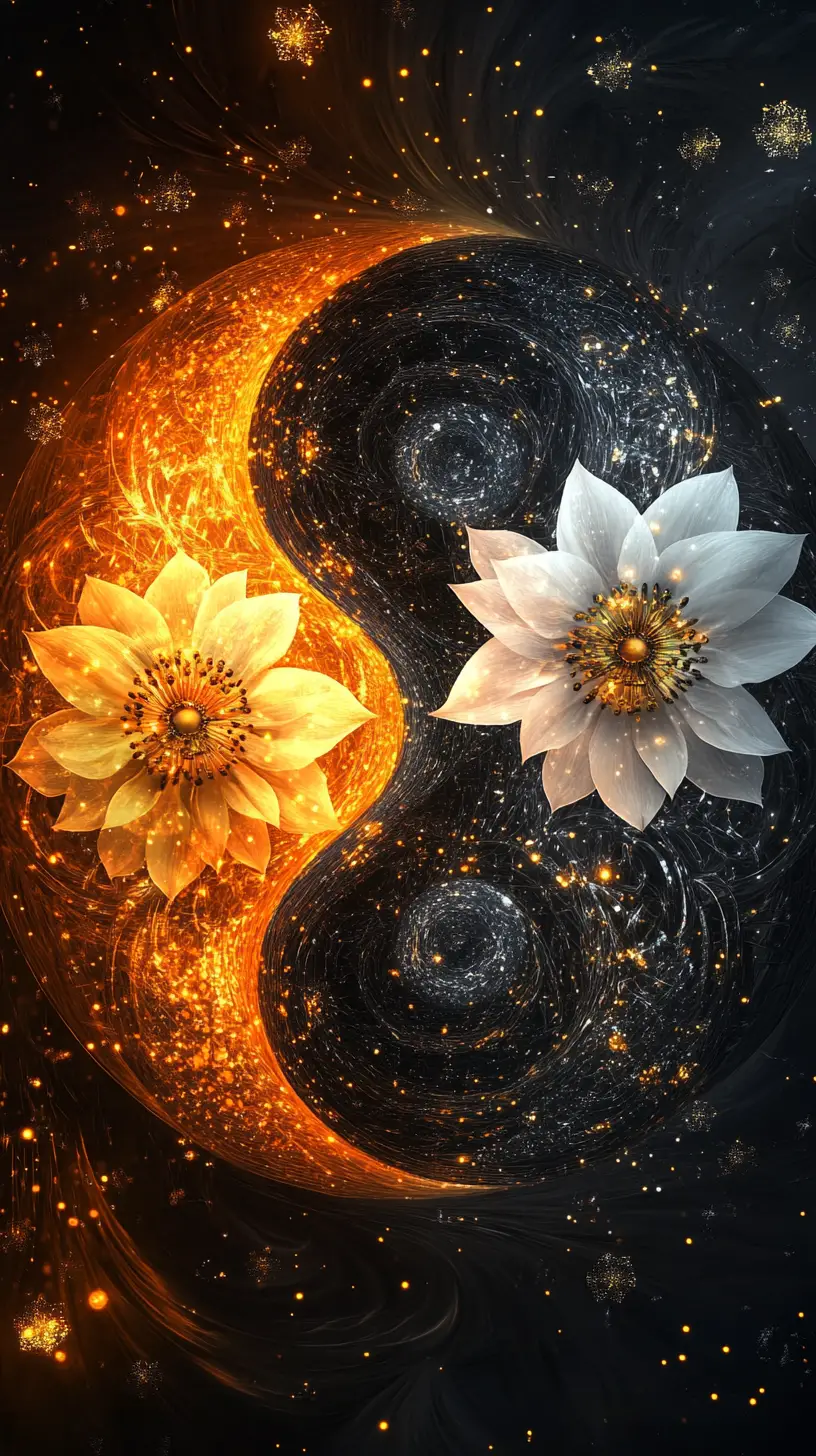 Symmetrisches Yin und Yang mit floralen Details und leuchtenden Partikeln