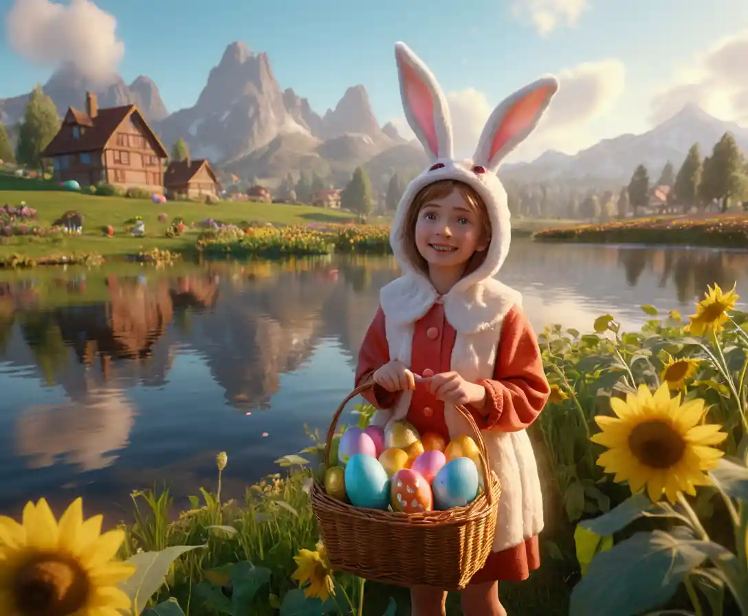 Joyful girl in rabbit costume by a golden sunrise lake