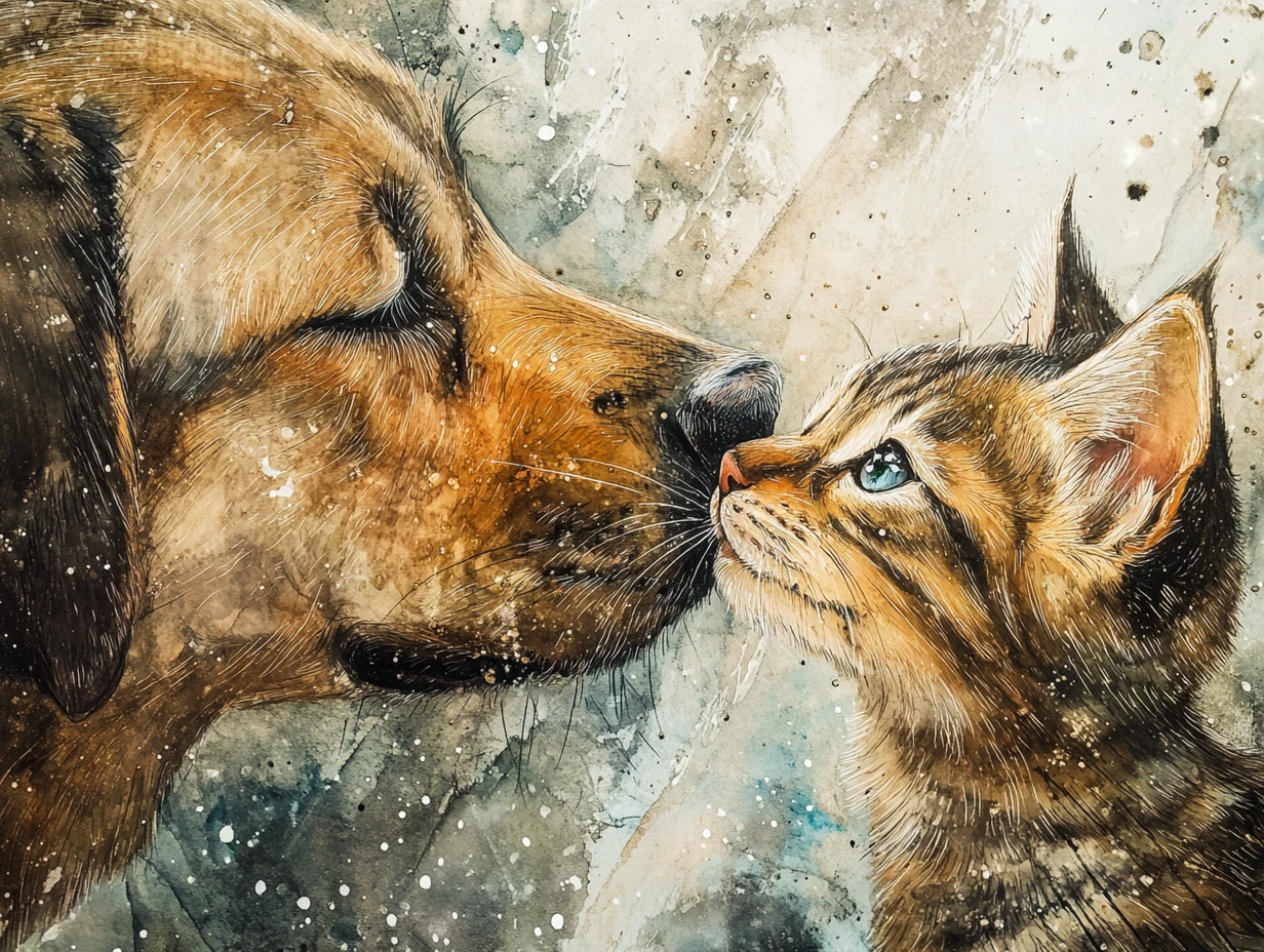 Niedlicher Hund, der ein getigertes Kätzchen küsst, in traumhafter Fantasy‑Illustration