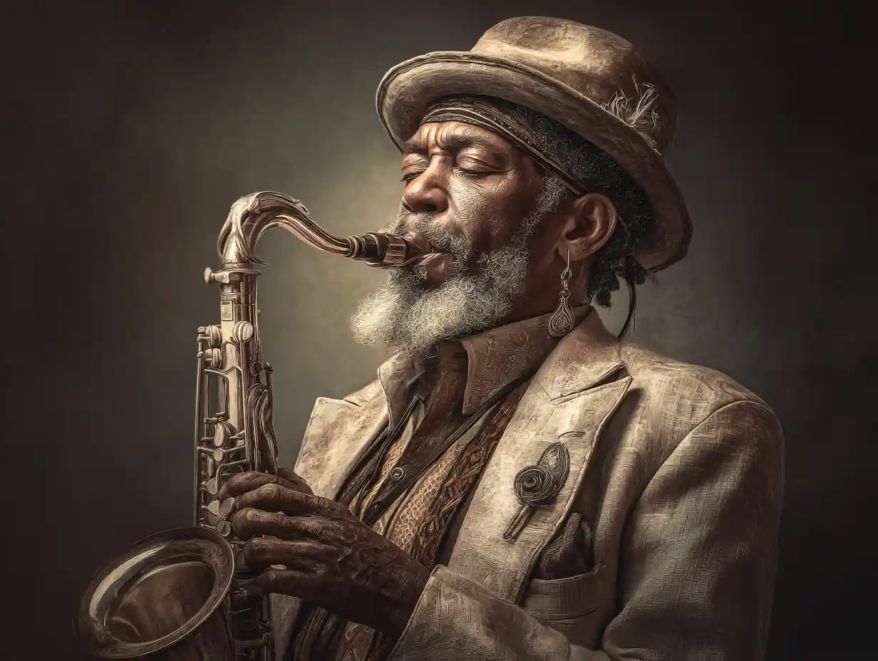 Older jazz saxophonist in suit and hat with soulful expression
