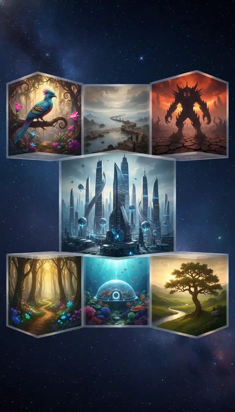 Colorful alien jungle cube against a starry night sky