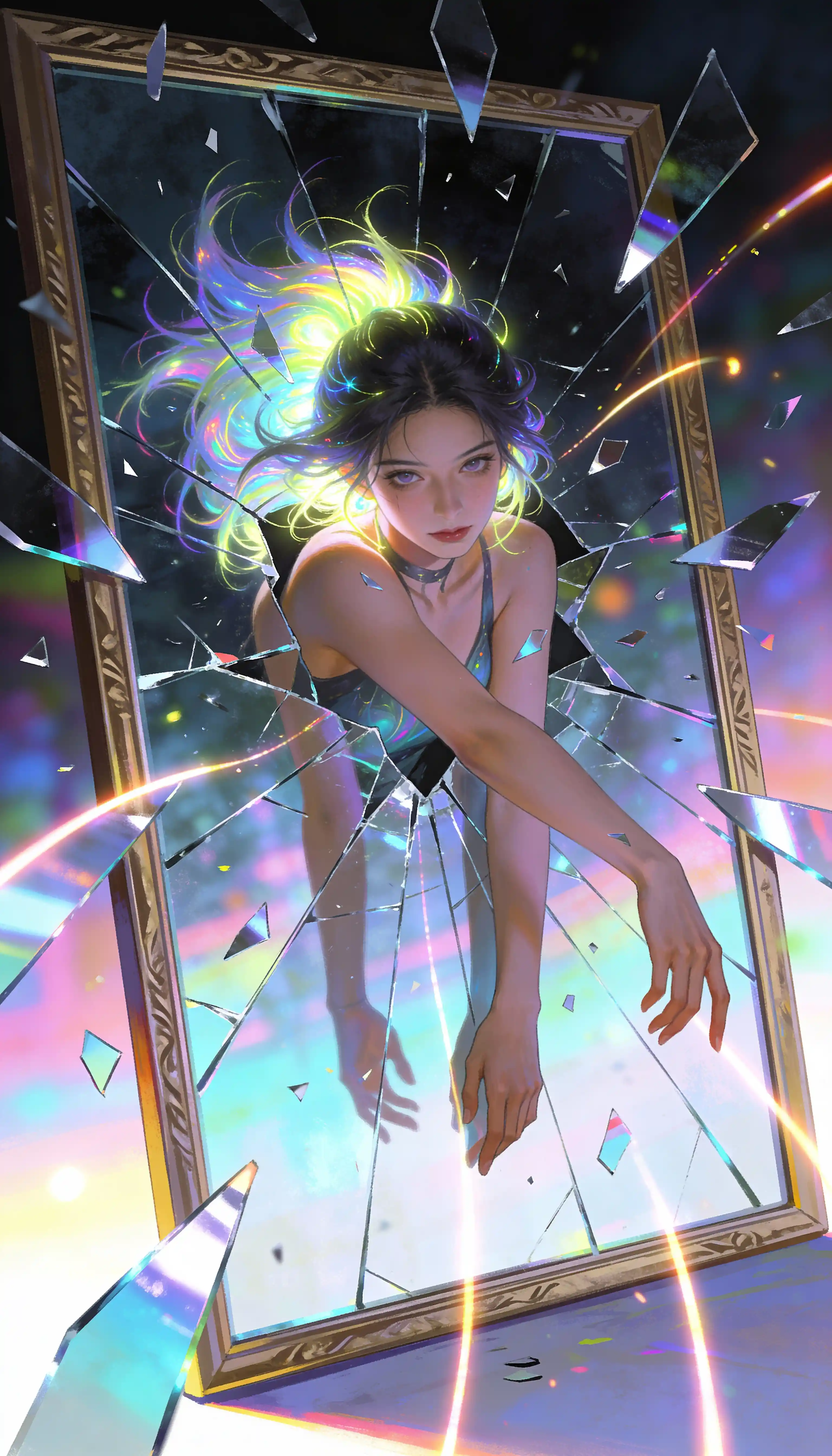 Ethereal woman emerging from a shattered mirrored canvas