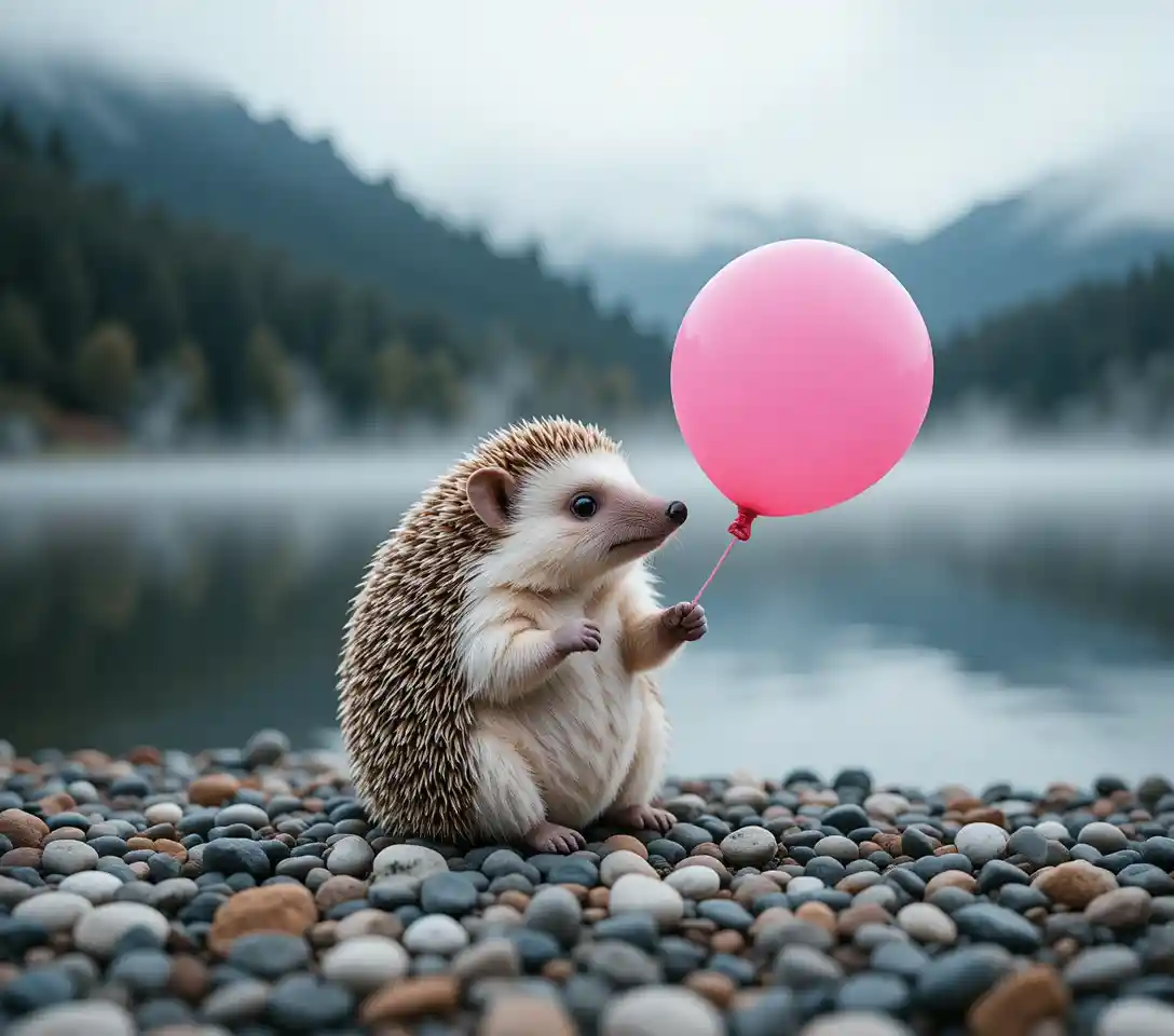 Cute hedgehog with pink balloon by a calm misty lake