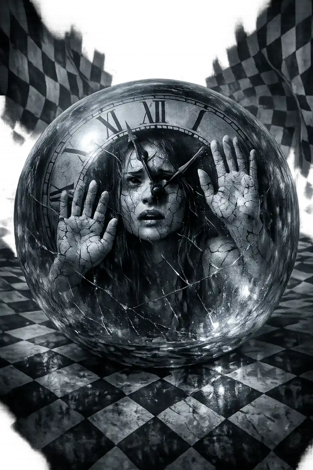 Woman Enclosed In Transparent Clock Sphere Over Checkerboard World