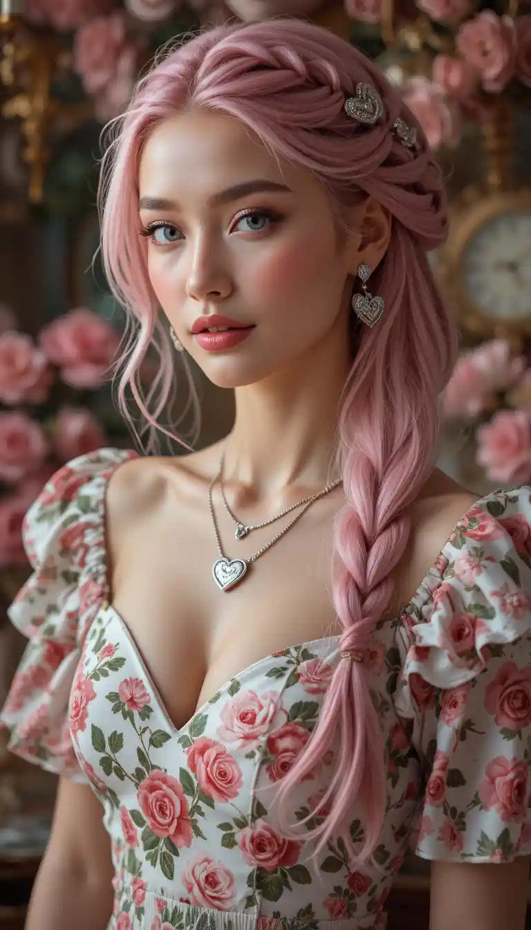 Pink haired woman in floral dress among soft roses