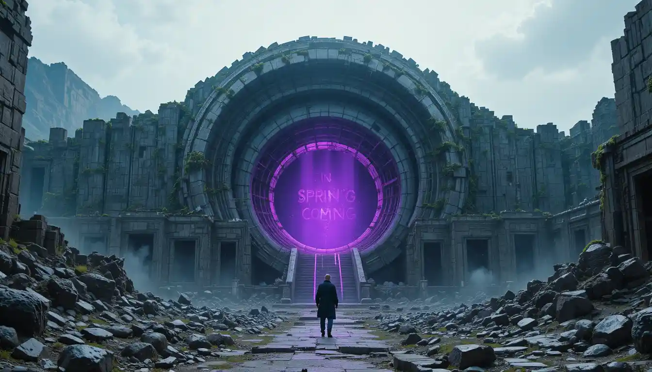 Lone man before colossal sci fi portal in rocky abyss
