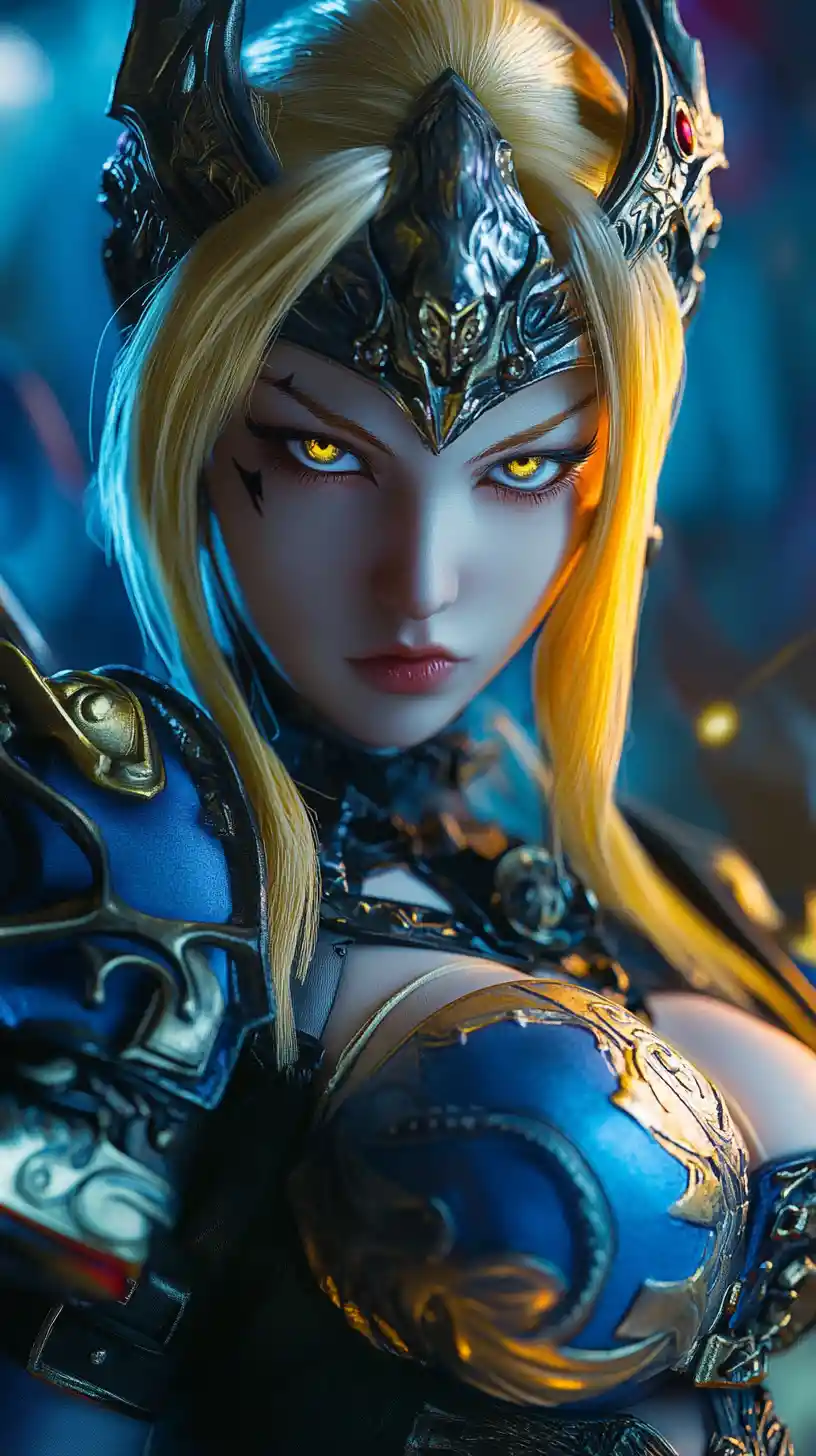 Tattooed anime warrior woman with golden blue eyes close up