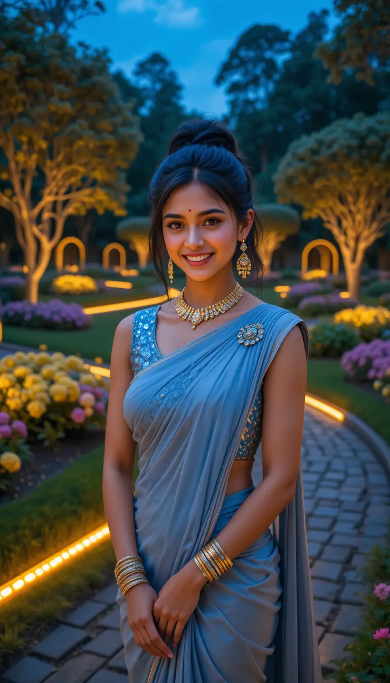 青いサリーをまとったインド人女性が輝く夕暮れの庭に立つ