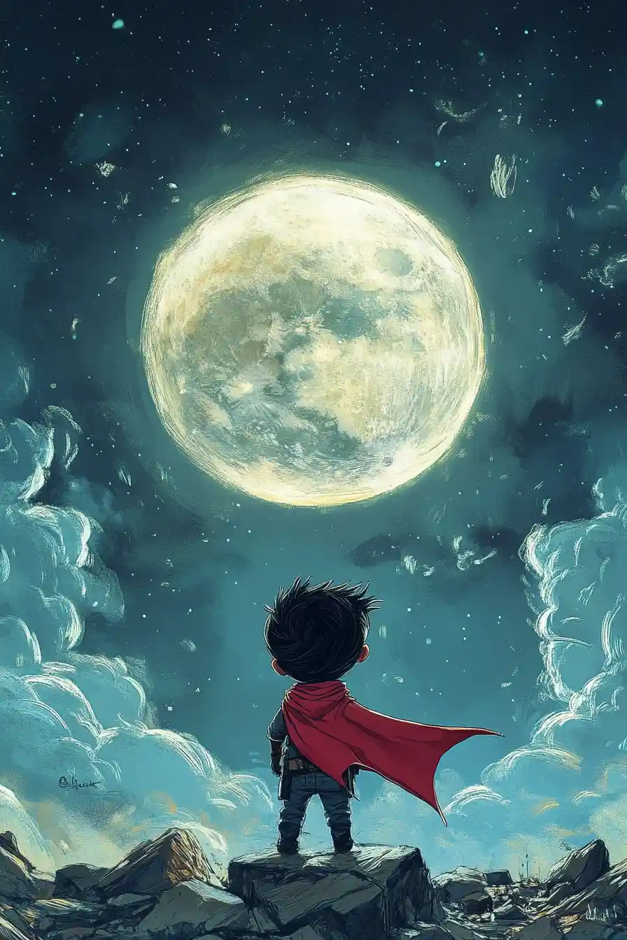 Child super villain held close in a quiet night scene
