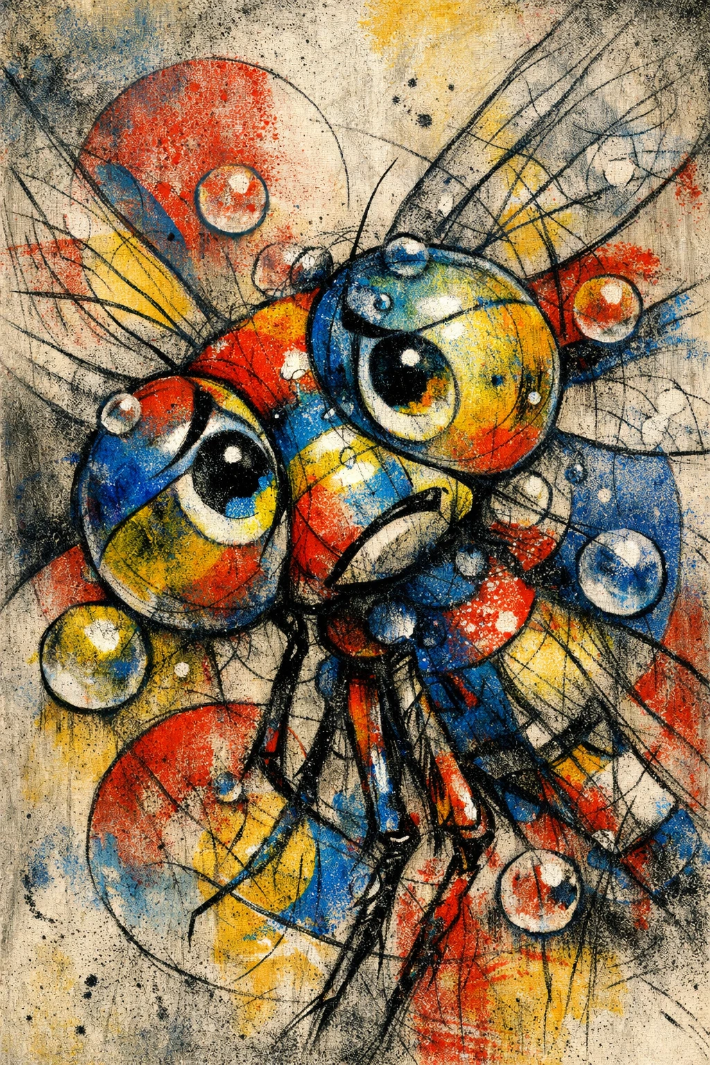Abstraktes Mixed-Media-Porträt einer farbenfrohen Libelle