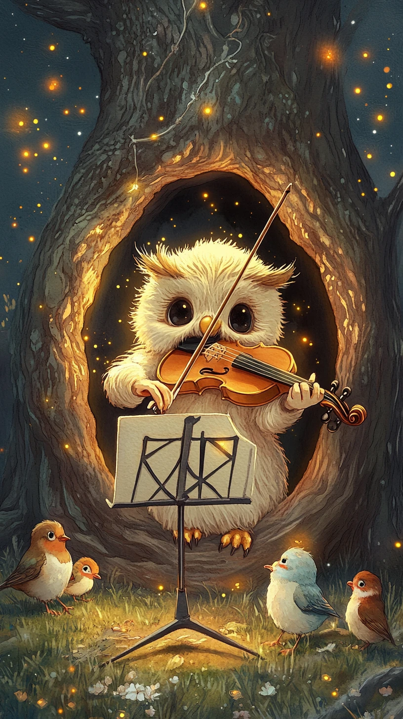 Gufo carino che suona il violino in una cavità della foresta al chiaro di luna