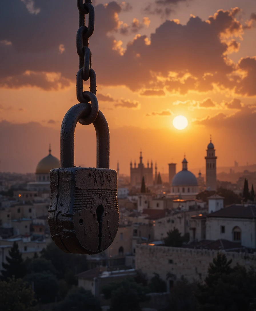 Ancien cadenas devant la ligne d’horizon de Jérusalem au coucher du soleil