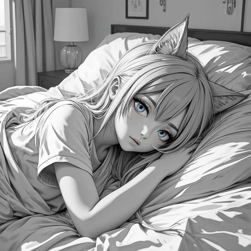 Fille d’anime 3D en noir et blanc allongée sur un lit