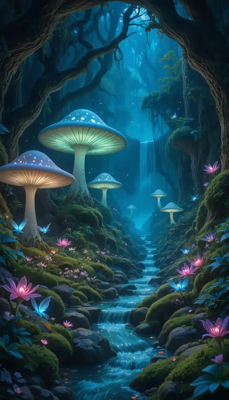 Fadas mágicas em uma clareira de floresta bioluminescente e brilhante