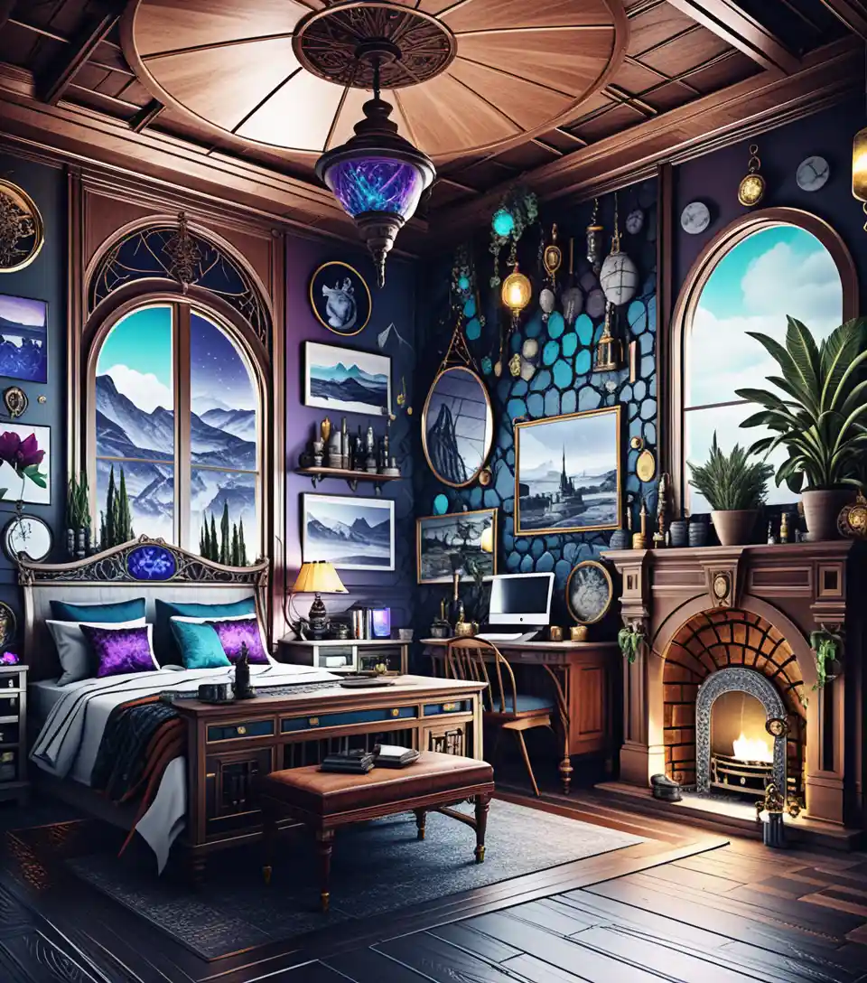 Interior 3D sombrio com decoração mística eclética e escura