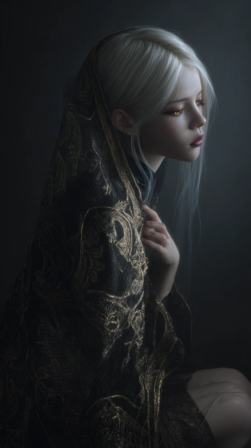 Melancholic winged girl wrapped in a dark cocoon