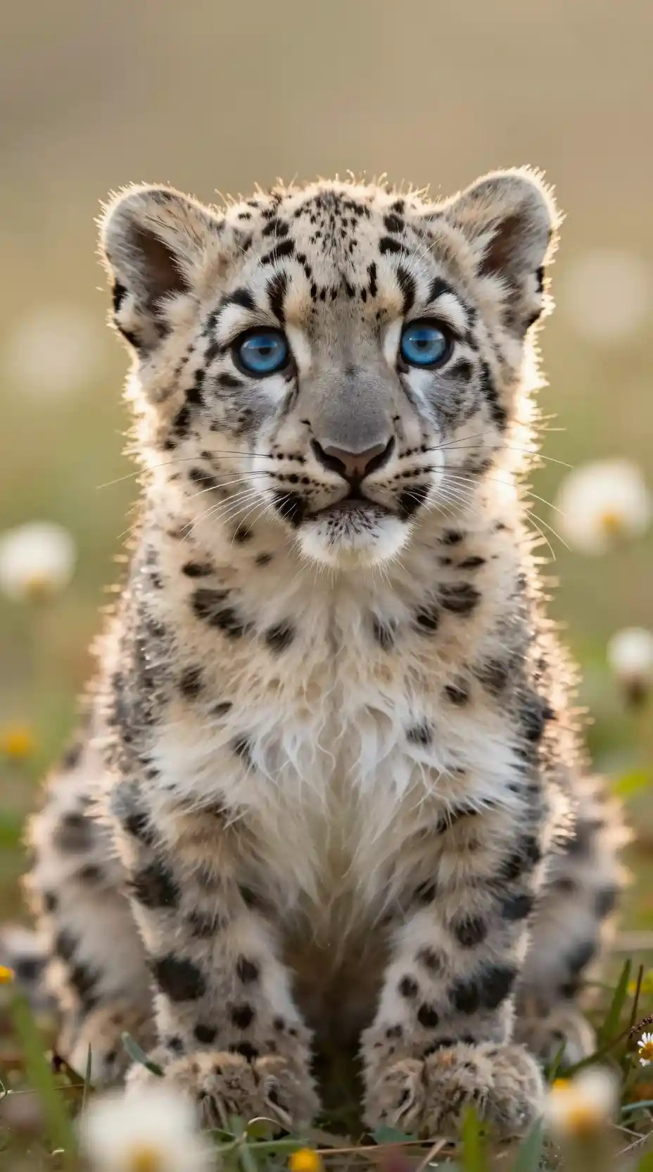 Schneeleopardenbaby im Wildblumenfeld zur goldenen Stunde