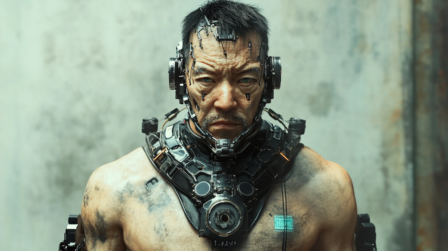 Comandante cyborg cyberpunk envejecido con torso mecánico