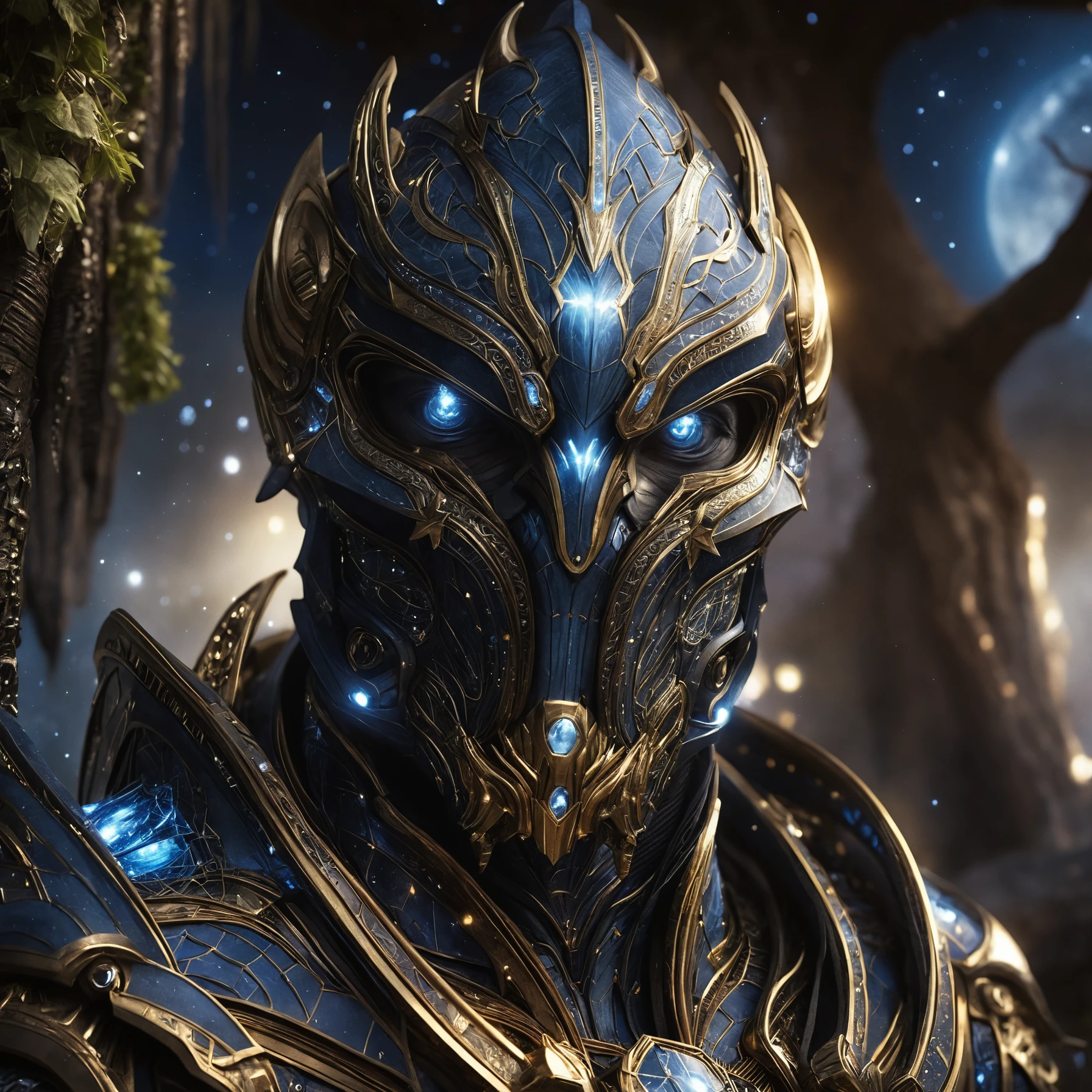 Druido warforged che osserva le stelle accanto a un albero su antiche rovine