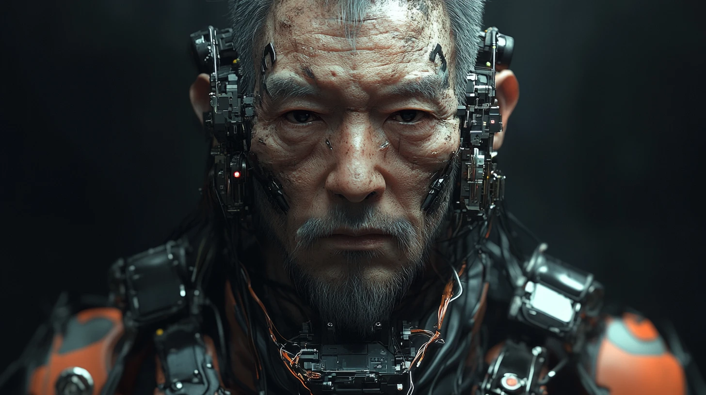 Comandante cyborg asiatico incallito con torso meccanico