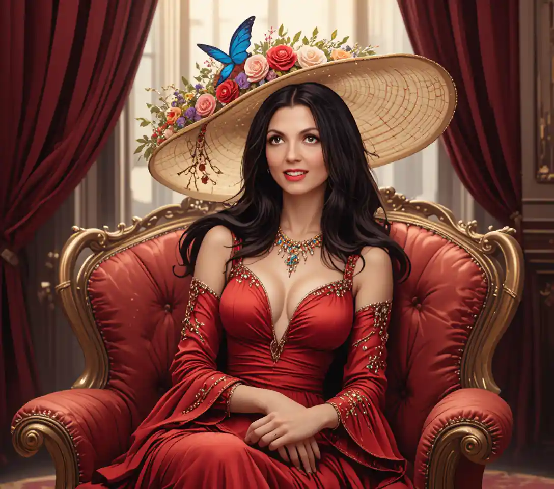 Elegante donna in abito rosso su poltrona floreale