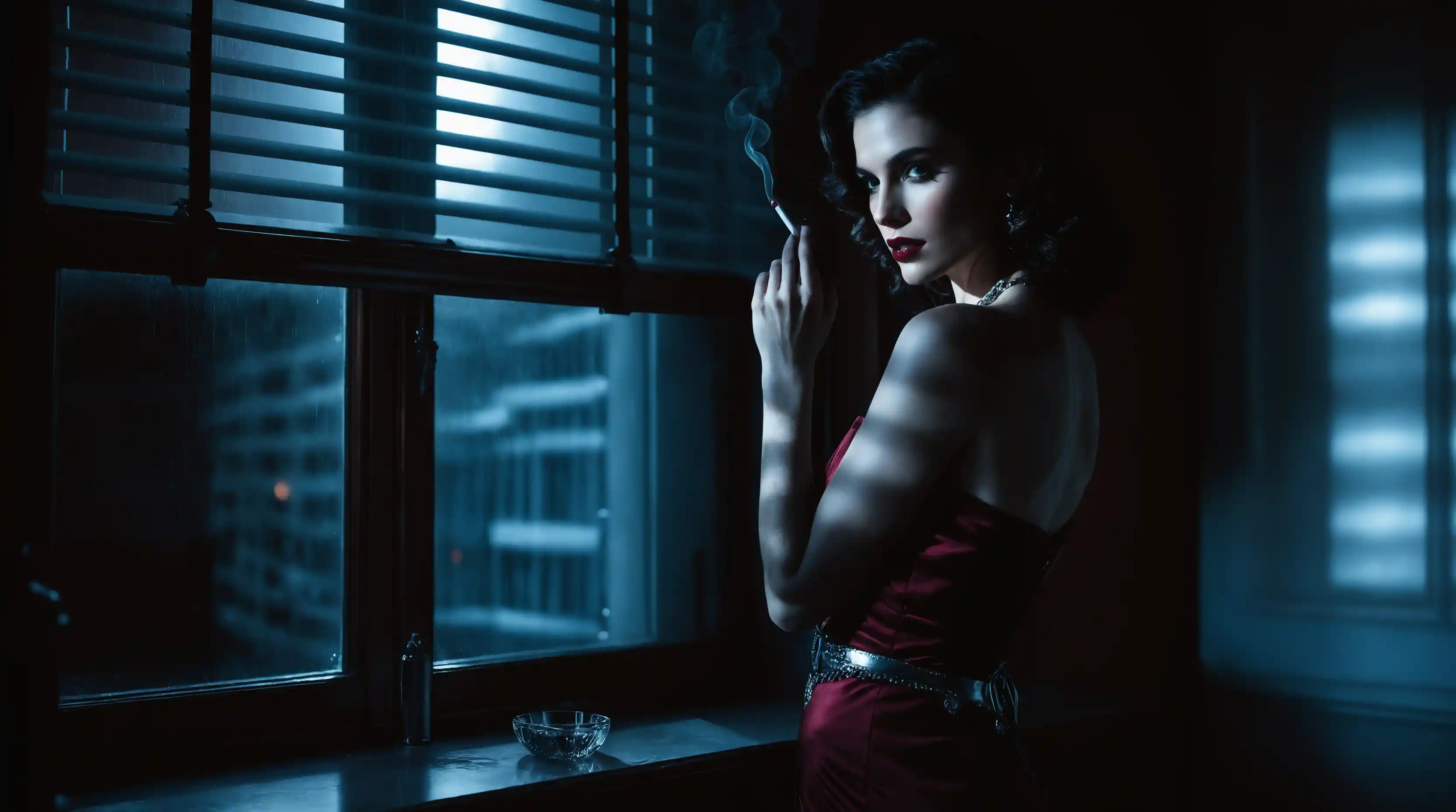 Femme noir dans un bureau au clair de lune avec ombres de stores vénitiens