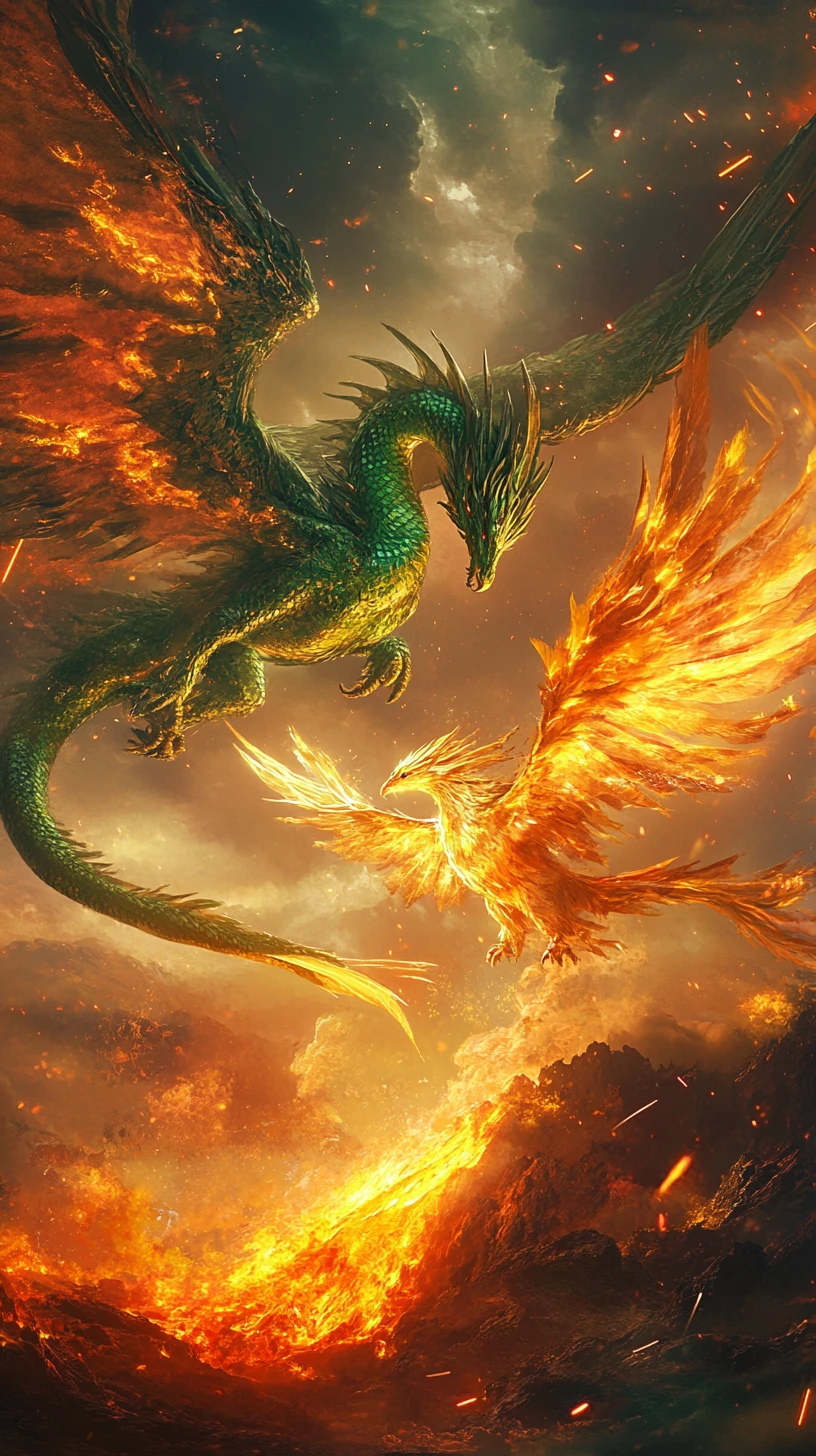 Emerald dragon and golden phoenix soaring above volcano