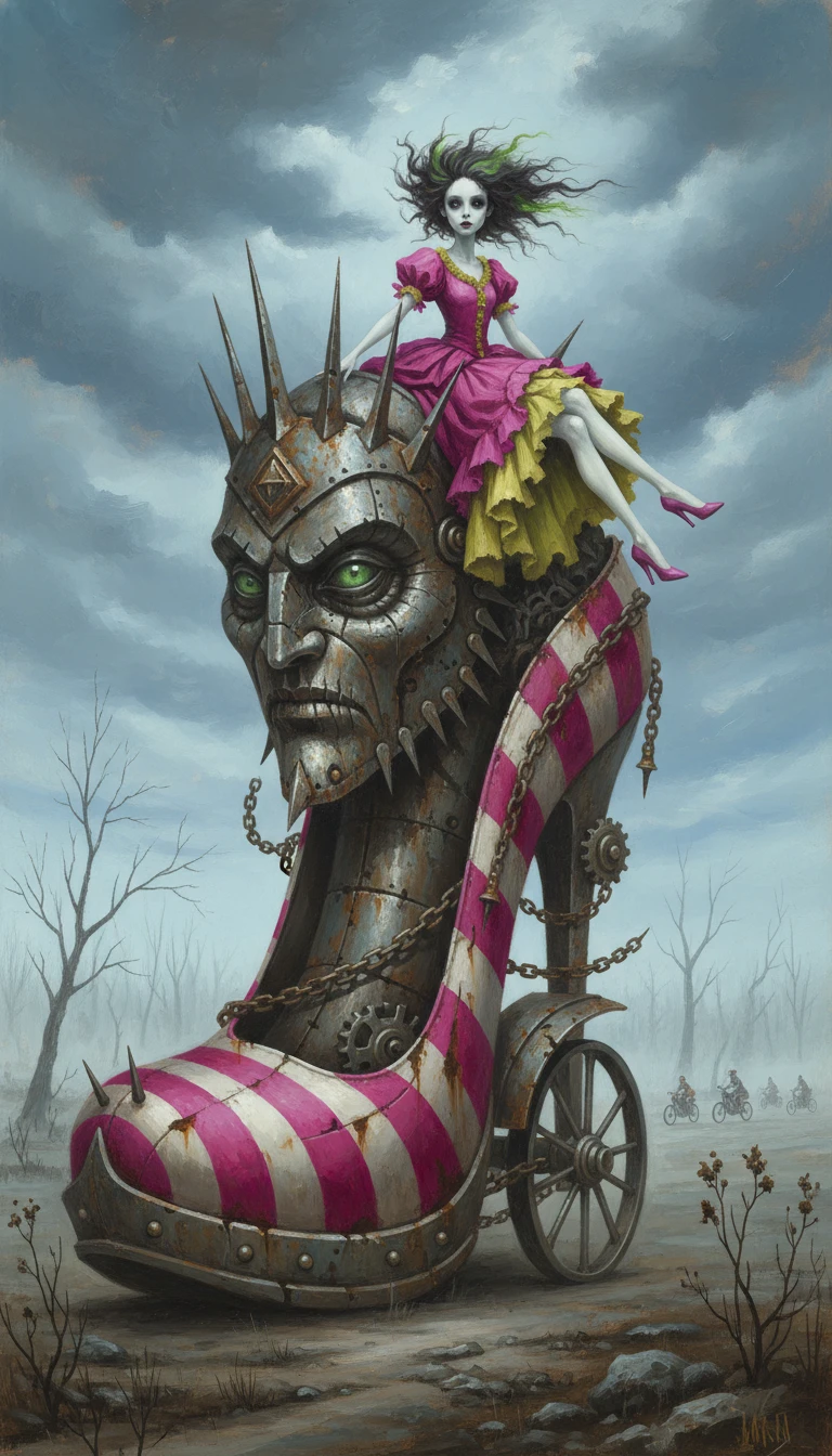 Surreal giant high heel creature with doll like woman